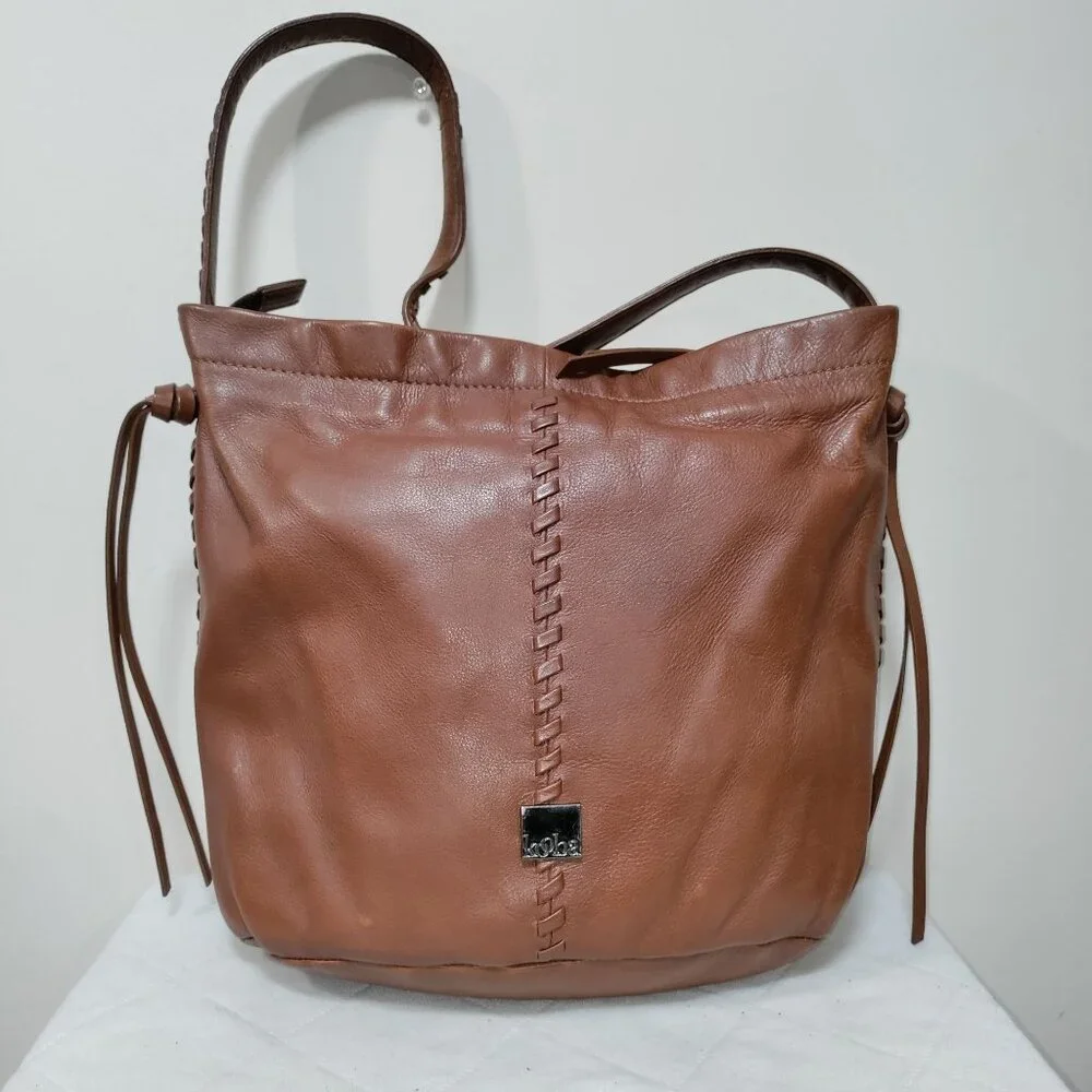 Kooba Limon Leather Woven Braided Accent Plaid Lined Hobo Shoulder Bag Brown - Picture 3 of 13